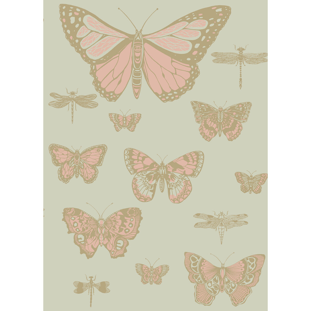 COLE & SON BUTTERFLIES & DRAGONFLIES PINK ON OLIV