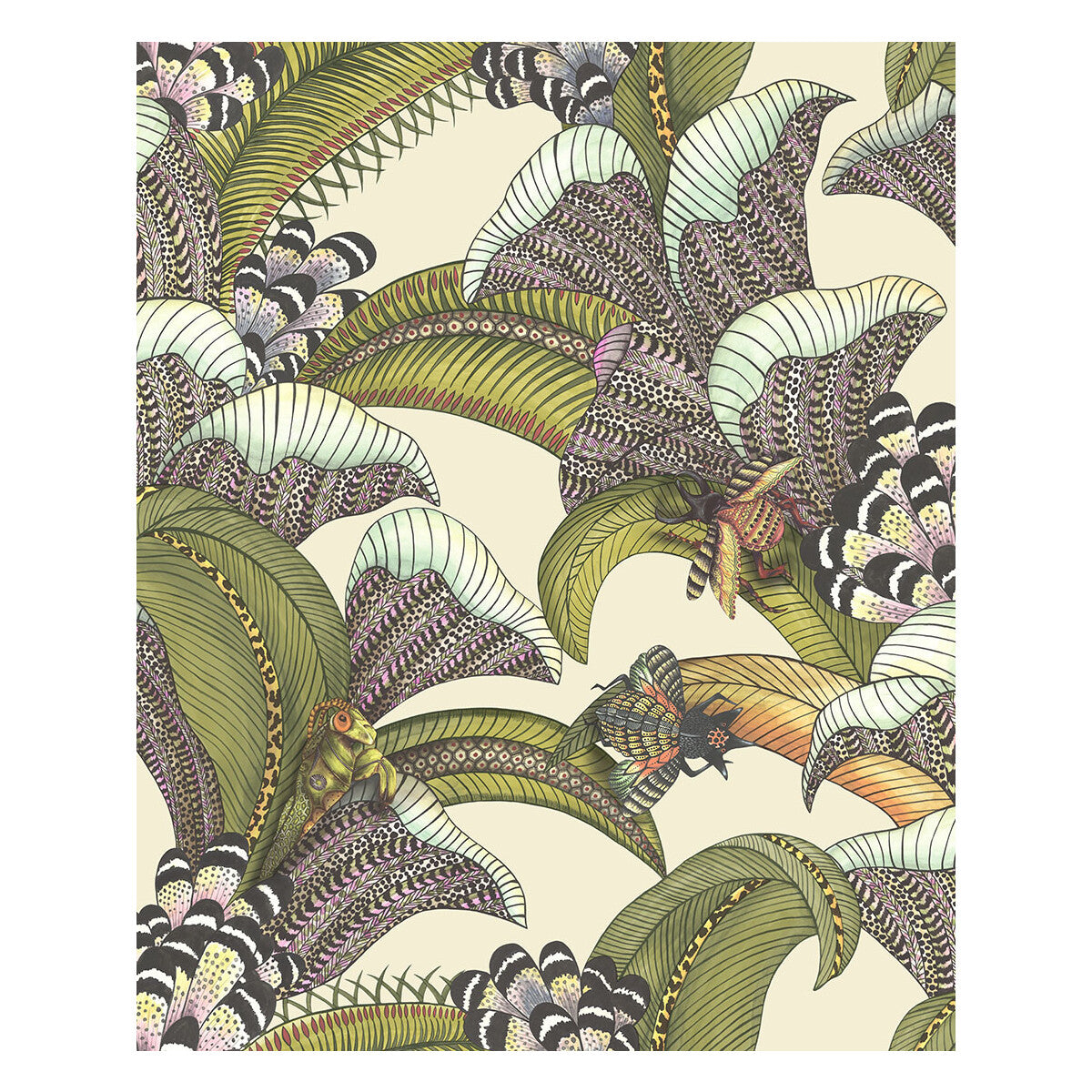 COLE & SON HOOPOE LEAVES OLIVE/CHART/FUCHSIA ON CREAM