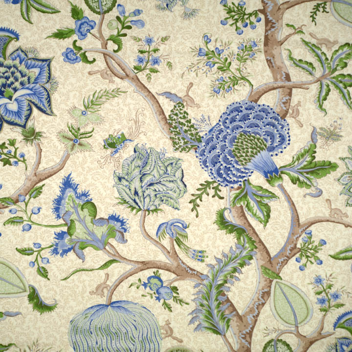 Scalamandre: Pondicherry Cotton Print SC 0003 16430 Blue, Green On Cream