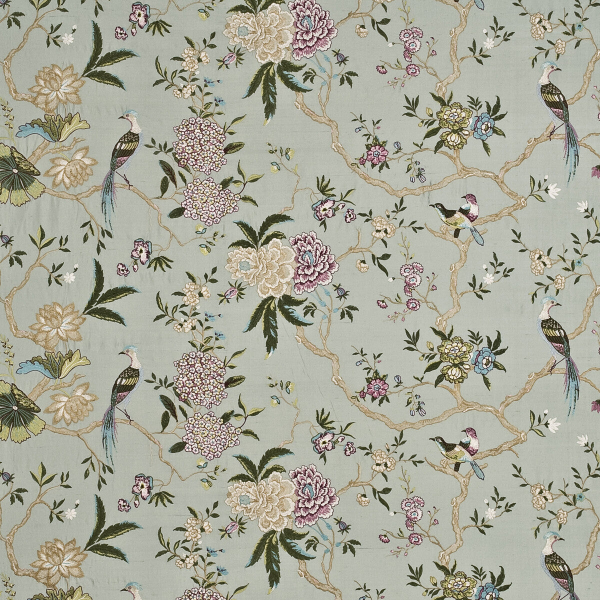 G P & J BAKER ORIENTAL BIRD EMBROIDERY SILK AQUA/MULTI