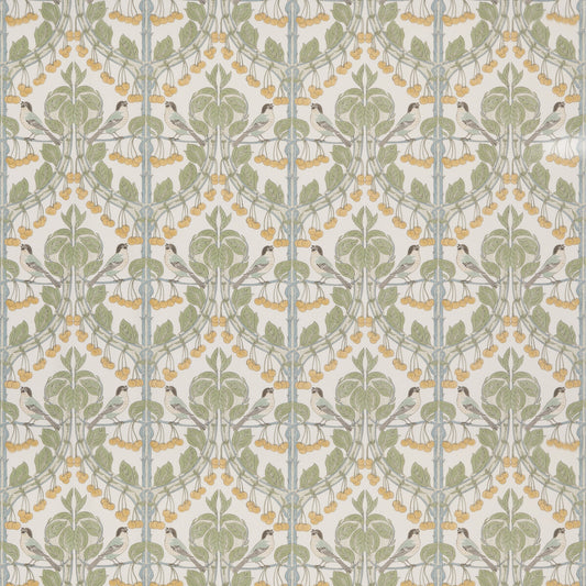 G P & J BAKER BIRDS & CHERRIES COTTON AQUA