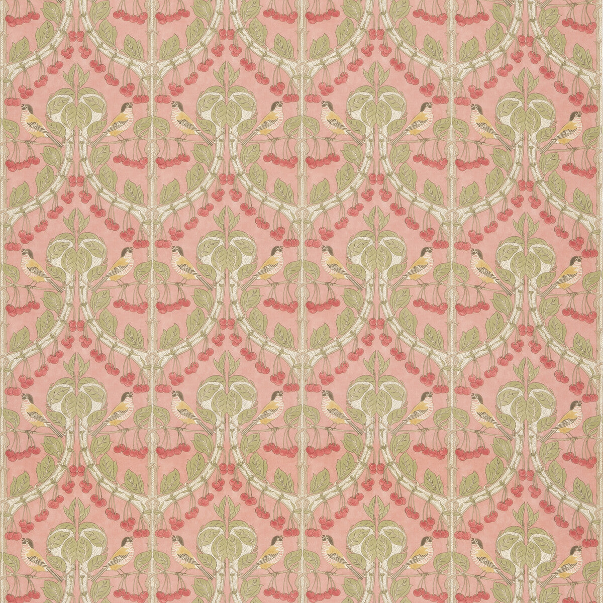 G P & J BAKER BIRDS & CHERRIES COTTON CORAL